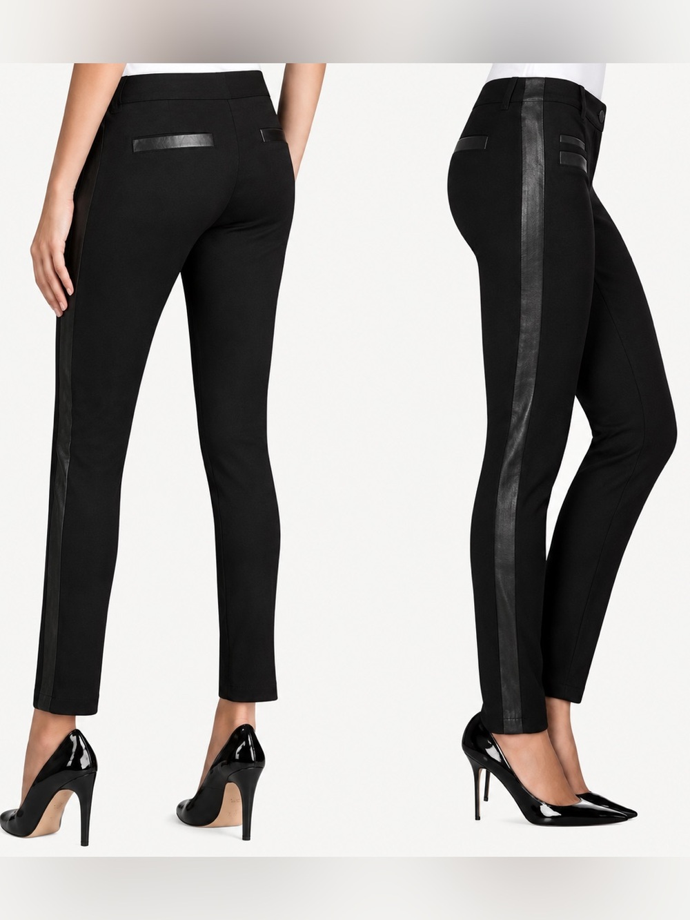 PAIGE Black Slim Ankle Pants Genuine Leather Trim Size S